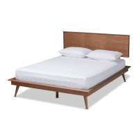 Baxton Studio MG0004-Ash Walnut-Queen Karine Mid-Century Modern Walnut Brown Finished Wood Queen Size Platform Bed